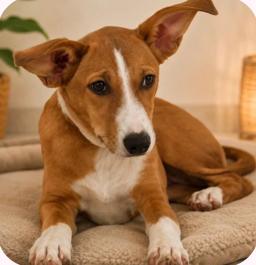 Tammy, a 7-month-old female pup with a white blaze lying on a cushion