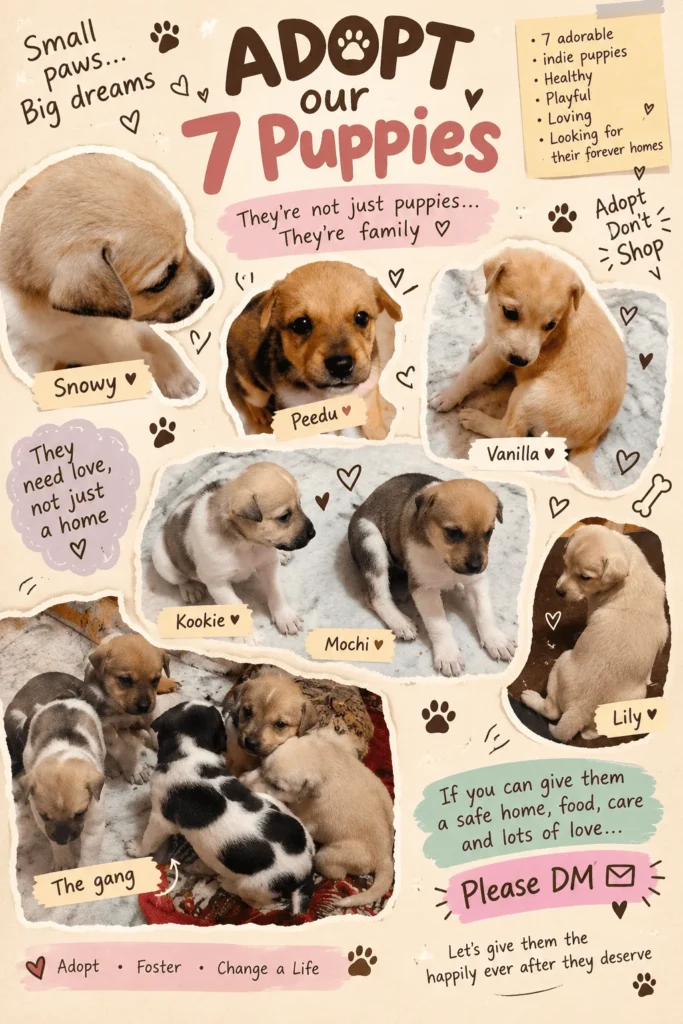 Adoption poster for seven Indian Indie puppies, with photos of Snowy, Peedu, Vanilla, Kookie, Mochi, Lily and the whole litter together.
