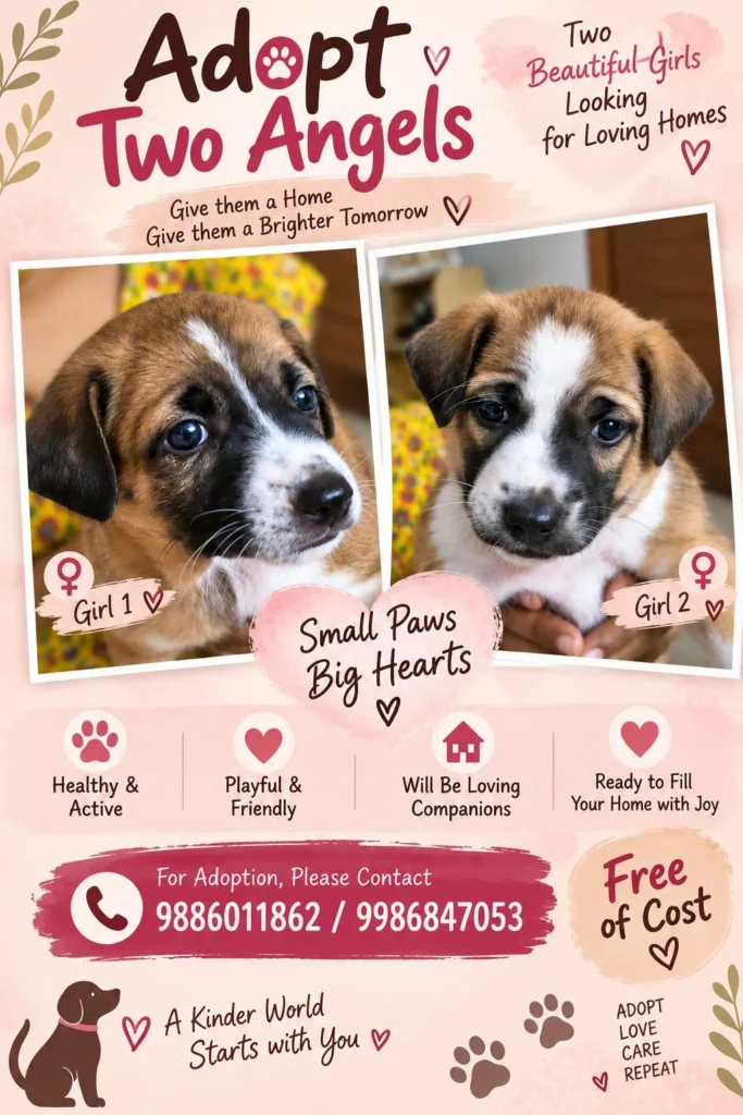 Adoption poster for two indie girl puppies in Bengaluru, showing two photos and the words free of cost